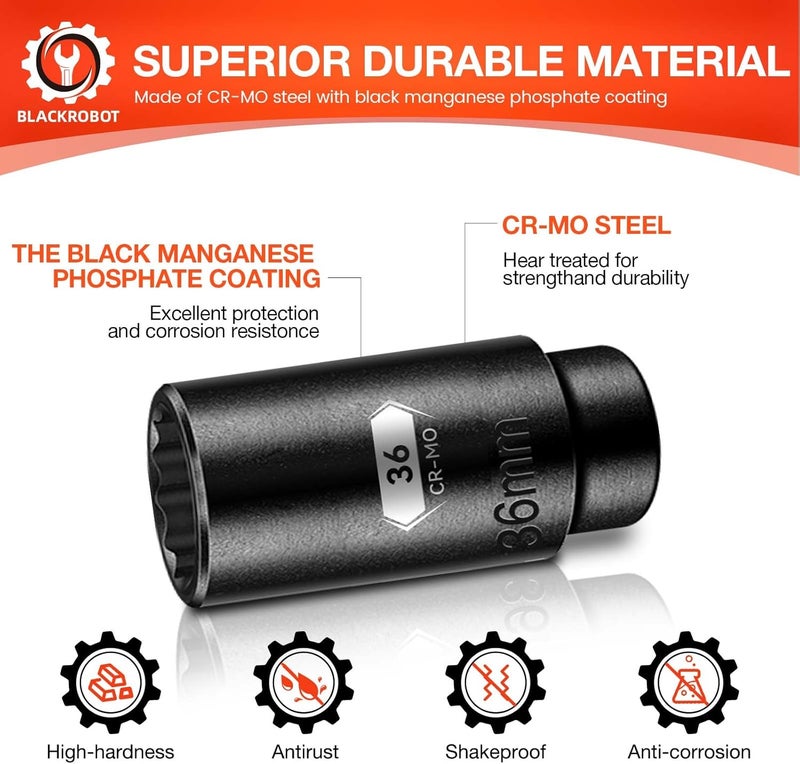 BLACKROBOT 36 mm 12-Point Deep Impact Socket, 1/2 Inch Drive, Metric, Black Manganese Phosphate Coating - Image 5